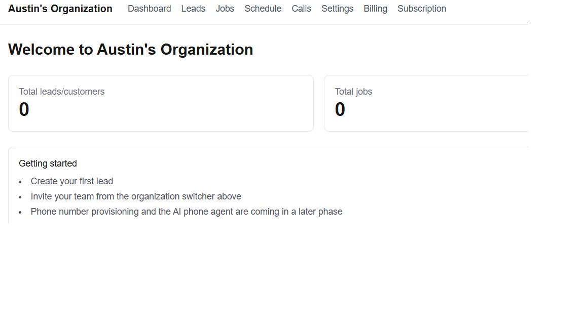 Construction CRM dashboard showing leads, jobs, schedule, and calls