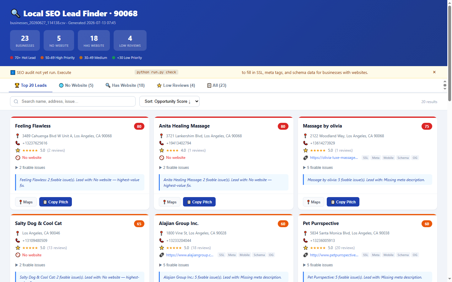 Local SEO Lead Finder dashboard showing scraped businesses with opportunity scores